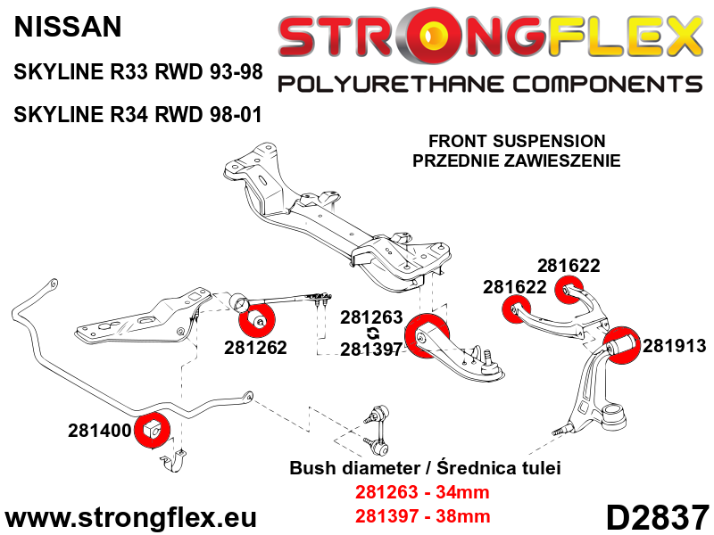 Schema montaj - Bucsa poliuretan Strongflex interioara brat transversal fata 38mm SPORT - Nissan Silvia / 200SX, Skyline - 281397A