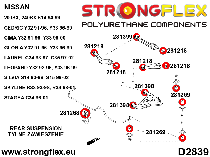 Schema montaj - Kit complet bucse poliuretan Strongflex pentru suspensie R33 R34 AWD SPORT - Nissan Skyline - 286204A