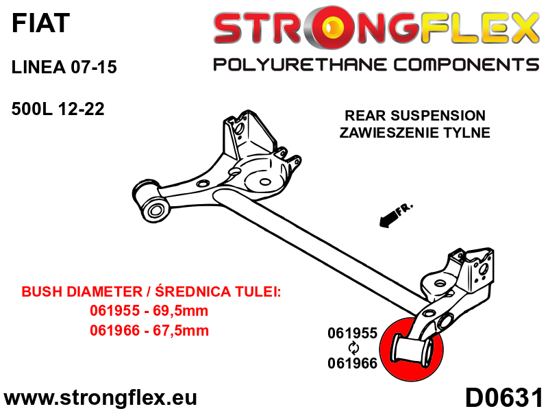 Schema montaj - Bucsa poliuretan Strongflex punte spate 69,5mm SPORT - Alfa Romeo Mito / Fiat 500L - 061955A