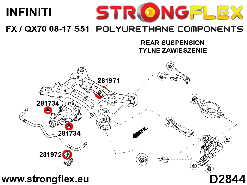 Schema montaj - Bucsa poliuretan Strongflex frontala prindere diferential spate SPORT - Nissan 350Z, 370Z - 281734A