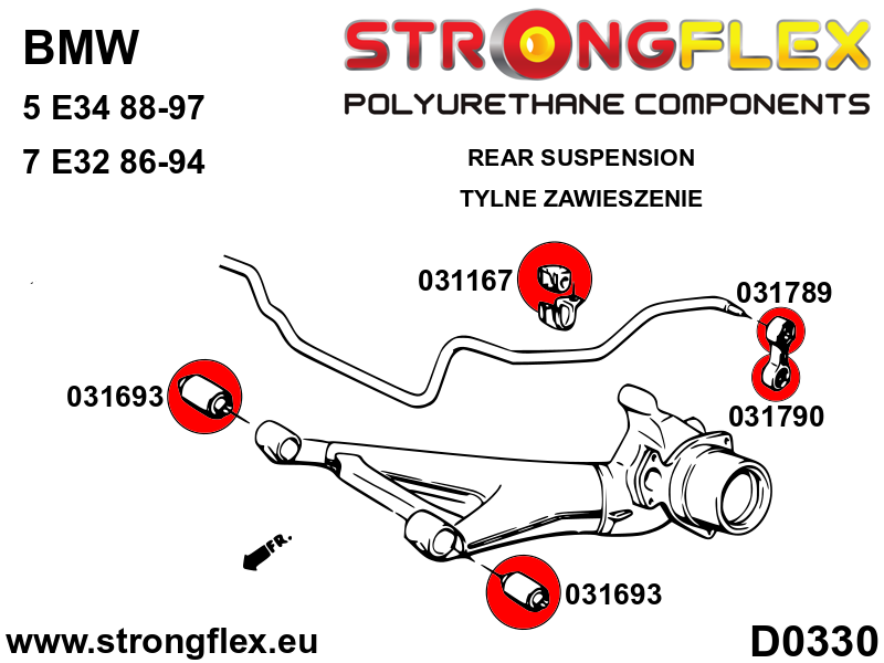 Schema montaj - Bucsa poliuretan Strongflex bara stabilizatoare fata si spate SPORT - BMW M1 Coupe E26, Seria 3, Seria 5, Seria 6, Z3, Z4 - 031167A