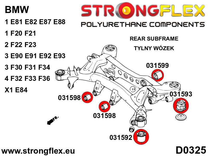 Schema montaj - Bucsa poliuretan Strongflex frontala subcadru spate - BMW Seria 1, Seria 2, Seria 3, Seria 4 - 031592B