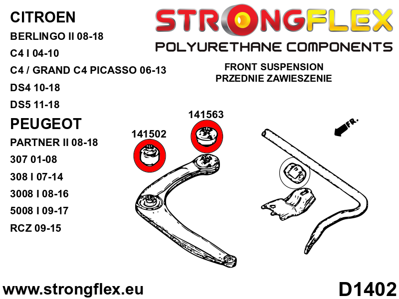 Schema montaj - Brat fata - bucsa spate - poliuretan Strongflex - Peugeot 206 / 206+, 308 - 141563B
