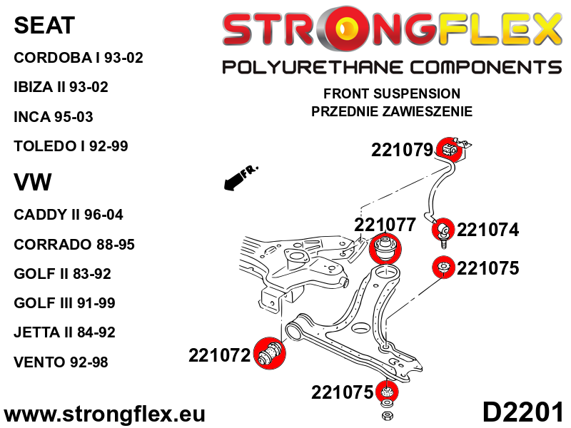 Schema montaj - Kit bucse poliuretan Strongflex suspensie fata SPORT - Seat Ibiza / Volkswagen Corrado, Golf, Jetta - 226017A