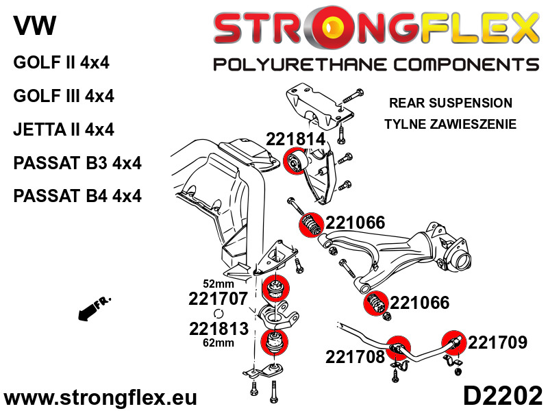 Schema montaj - Kit complet bucse poliuretan Strongflex pentru suspensie SPORT - Volkswagen Golf, Jetta - 226238A