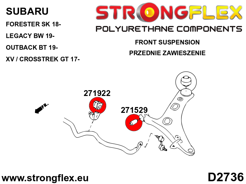 Schema montaj - Bucsa poliuretan Strongflex bara stabilizatoare fata SPORT - Subaru Forester, Impreza, Legacy/Outback, WRX STI, XV / Crosstrek - 271922A