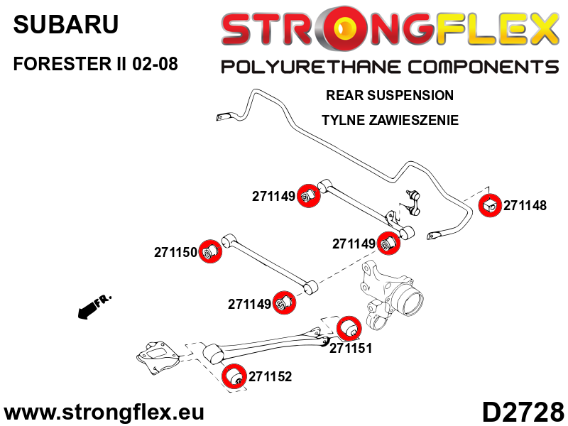 Schema montaj - Bara de legatura spate - bucsa spate la butuc SPORT - poliuretan Strongflex - Subaru Forester, Impreza, Legacy/Outback - 271151A
