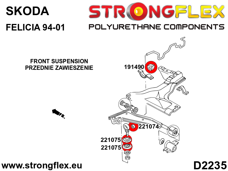 Schema montaj - Bucsa poliuretan Strongflex surub cu ochi bara stabilizatoare fata SPORT - Seat Ibiza / Volkswagen Corrado, Golf, Jetta, Polo - 221074A