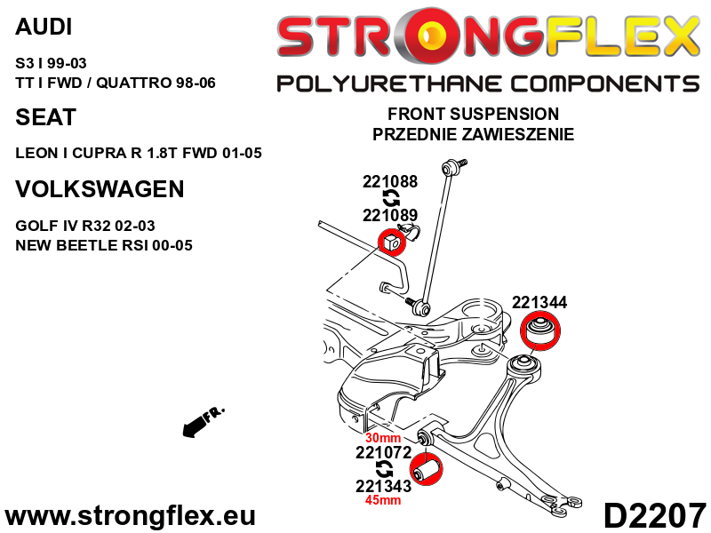 Schema montaj - Bucsa poliuretan Strongflex frontala brat suspensie fata 45mm SPORT - Audi A3 / S3 / RS3, TT / TTS / TTRS / Seat Leon - 221343A