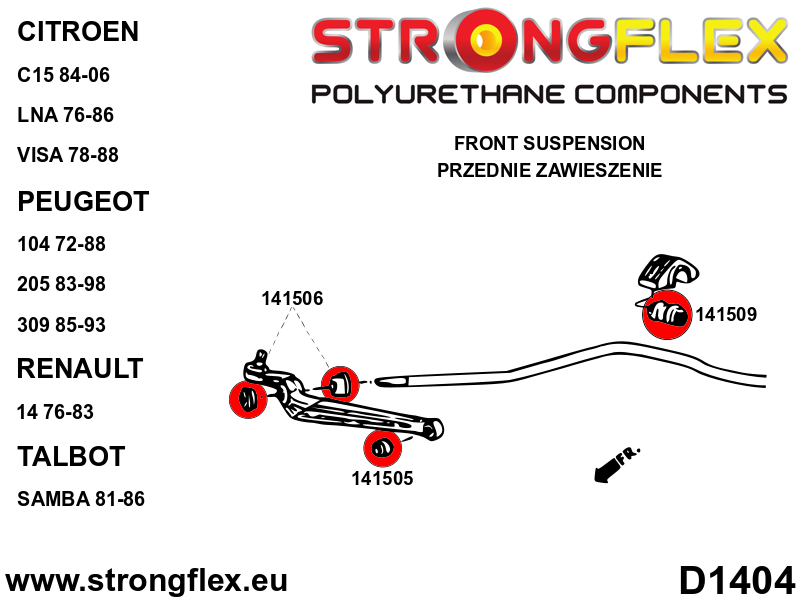 Schema montaj - Kit bucse poliuretan Strongflex suspensie fata si punte spate - Peugeot 205, 309 - 146104B
