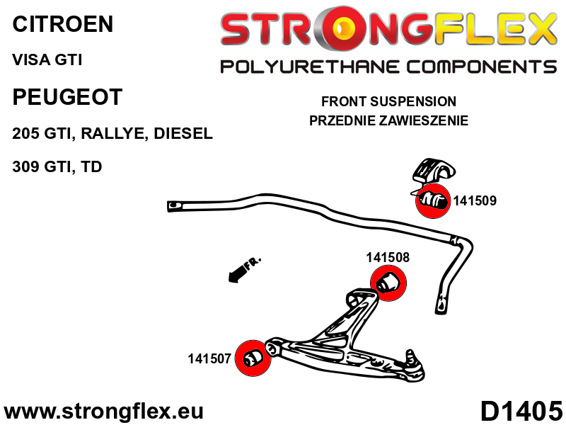 Schema montaj - Kit bucse poliuretan Strongflex suspensie fata si punte spate SPORT - Peugeot 205, 309 - 146105A