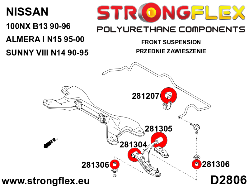 Schema montaj - Bucsa poliuretan Strongflex bieleta stabilizator SPORT - Nissan Sunny / Pulsar / Sentra / Sabre - 281306A