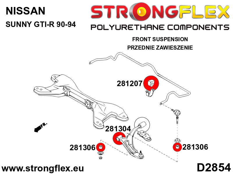 Schema montaj - Bucsa poliuretan Strongflex bieleta stabilizator - Nissan Sunny / Pulsar / Sentra / Sabre - 281306B