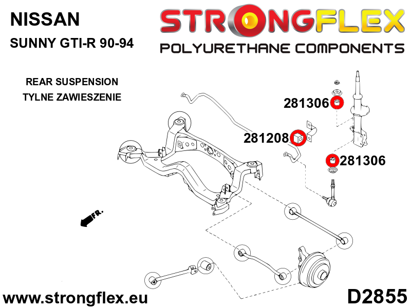 Schema montaj - Bucsa poliuretan Strongflex bieleta stabilizator - Nissan Sunny / Pulsar / Sentra / Sabre - 281306B