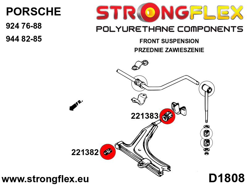 Schema montaj - Bucsa poliuretan Strongflex posterioara brat suspensie fata SPORT - Porsche 924, 944 / Volkswagen Golf, Jetta, Scirocco - 221383A