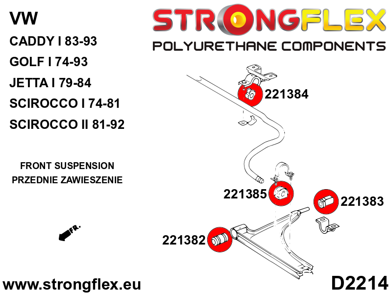 Schema montaj - Bucsa poliuretan Strongflex frontala brat suspensie fata - Porsche 924, 944 / Volkswagen Golf, Jetta, Scirocco - 221382B