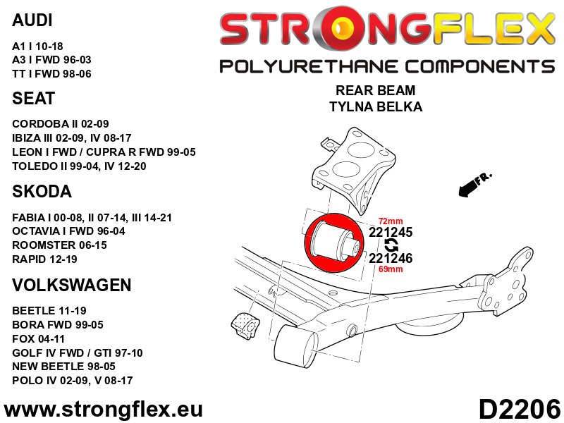 Schema montaj - Kit bucse poliuretan Strongflex suspensie fata si punte spate SPORT - Seat Ibiza / Volkswagen Polo - 226244A