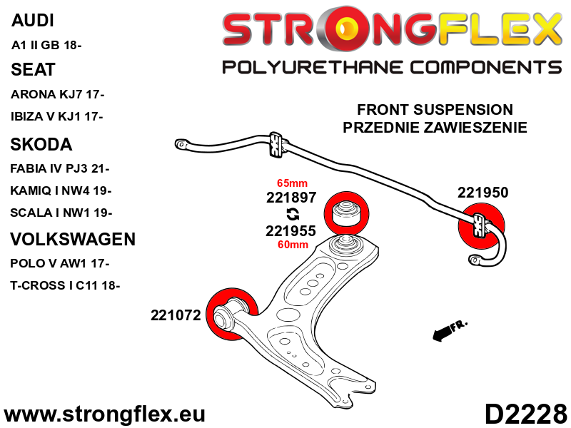 Schema montaj - Kit bucse poliuretan Strongflex suspensie fata si punte spate SPORT - Seat Ibiza / Volkswagen Polo - 226247A