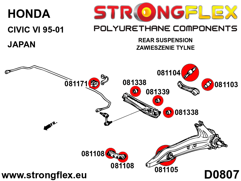 Schema montaj - Bucsa poliuretan Strongflex brat convergenta spate SPORT - Honda Civic, Integra - 081108A