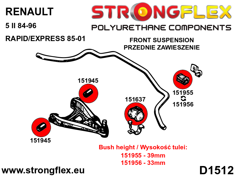 Schema montaj - Kit bucse poliuretan Strongflex suspensie fata - Renault 5, Rapid / Extra / Express - 156095B