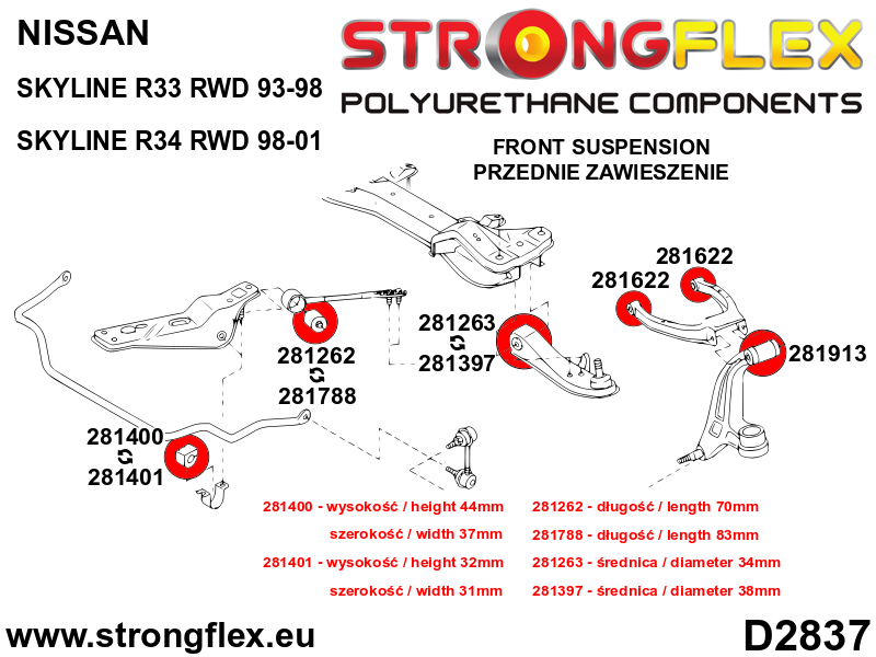 Schema montaj - Kit complet bucse poliuretan Strongflex pentru suspensie R33 R34 RWD SPORT - Nissan Skyline - 286217A