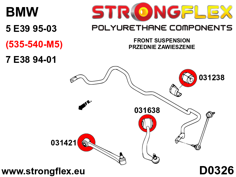 Schema montaj - Bara de legatura inferioara fata - bucsa la sasiu 66mm SPORT - poliuretan Strongflex - BMW Seria 5 - 031638A