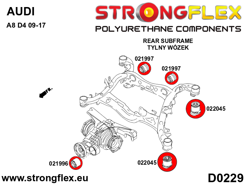 Schema montaj - Bucsa poliuretan Strongflex frontala diferential spate - Audi A4 / S4 / RS4, A5 / S5 / RS5 / Porsche Macan - 021996B