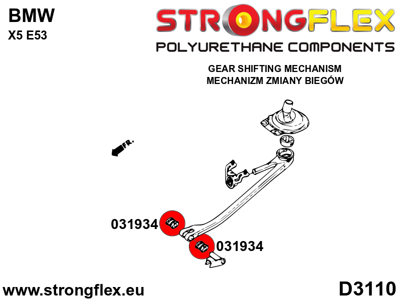 Schema montaj - Brat timonerie schimbator - bucsa fata (ovala) 14mm SPORT - poliuretan Strongflex - BMW Seria 1, Seria 3, Seria 5, Seria 6, Z4 - 031934A
