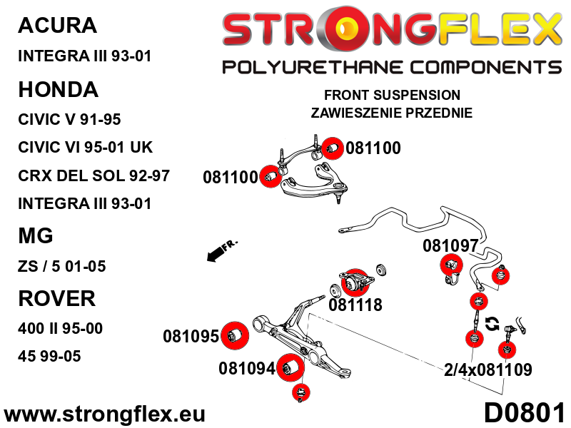 Schema montaj - Kit complet bucse poliuretan Strongflex pentru suspensie SPORT - Honda Civic - 086069A