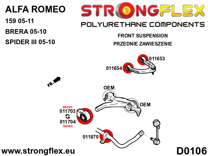 Schema montaj - Kit complet bucse poliuretan Strongflex pentru suspensie SPORT - Alfa Romeo 159, Brera, Spider - 016260A