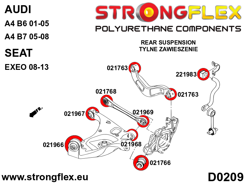 Schema montaj - Kit complet bucse poliuretan Strongflex pentru suspensie SPORT - Audi A4 / S4 / RS4 - 026292A