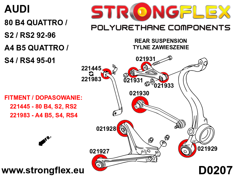 Schema montaj - Kit complet bucse poliuretan Strongflex pentru suspensie SPORT - Audi 80 / 90 / S2 / RS2 - 026287A