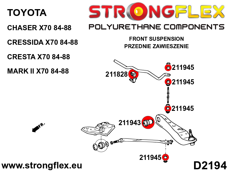Schema montaj - Bucsa poliuretan Strongflex bieleta antiruliu fata - Toyota Celica, Corolla, MR2 - 211945B