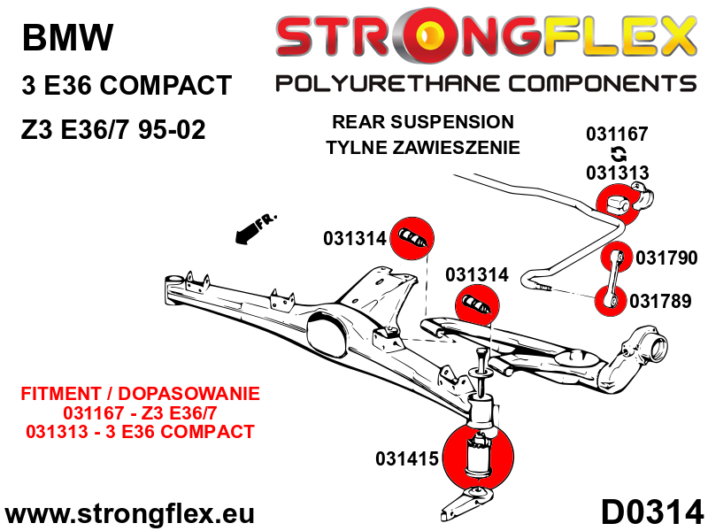 Schema montaj - Bucsa poliuretan Strongflex bara stabilizatoare fata si spate - BMW M1 Coupe E26, Seria 3, Seria 5, Seria 6, Z3, Z4 - 031167B