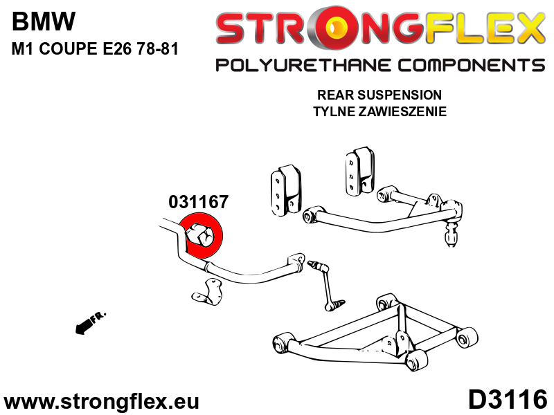 Schema montaj - Bucsa poliuretan Strongflex bara stabilizatoare fata si spate - BMW M1 Coupe E26, Seria 3, Seria 5, Seria 6, Z3, Z4 - 031167B