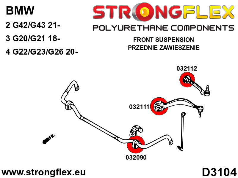 Schema montaj - Bucsa poliuretan Strongflex bara stabilizatoare fata SPORT - BMW Seria 2, Seria 3, Seria 4, Z4 / Toyota Supra - 032090A