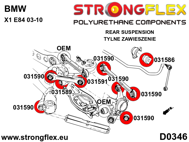Schema montaj - Brat superior spate - bucsa la butuc SPORT - poliuretan Strongflex - BMW Seria 1, Seria 3 - 031591A