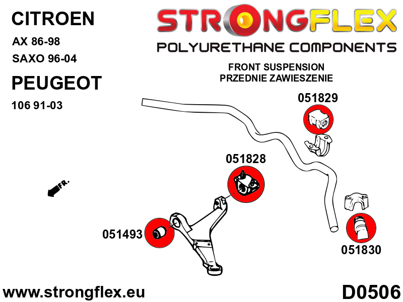 Schema montaj - Kit bucse poliuretan Strongflex suspensie fata si punte spate - Peugeot 106 - 056004B