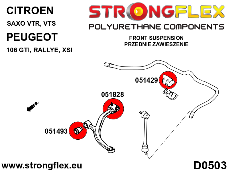 Schema montaj - Bucsa poliuretan Strongflex posterioara brat suspensie fata SPORT - Peugeot 106 - 051828A