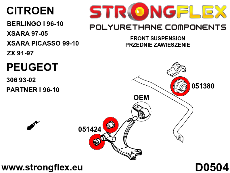 Schema montaj - Bucsa poliuretan Strongflex bara stabilizatoare fata SPORT - Peugeot 306 - 051380A