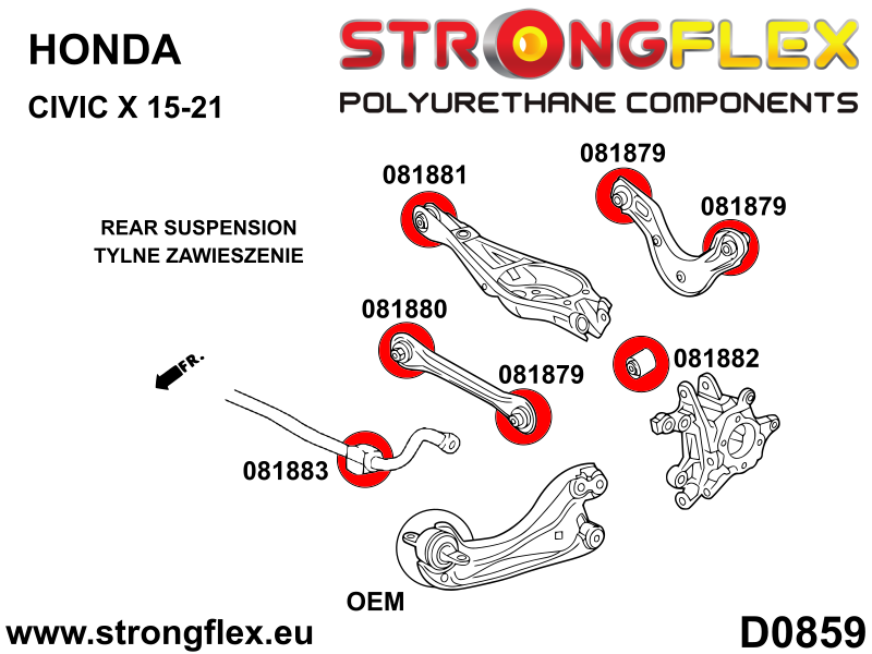 Schema montaj - Kit complet bucse poliuretan Strongflex pentru suspensie SPORT - Honda Civic - 086253A