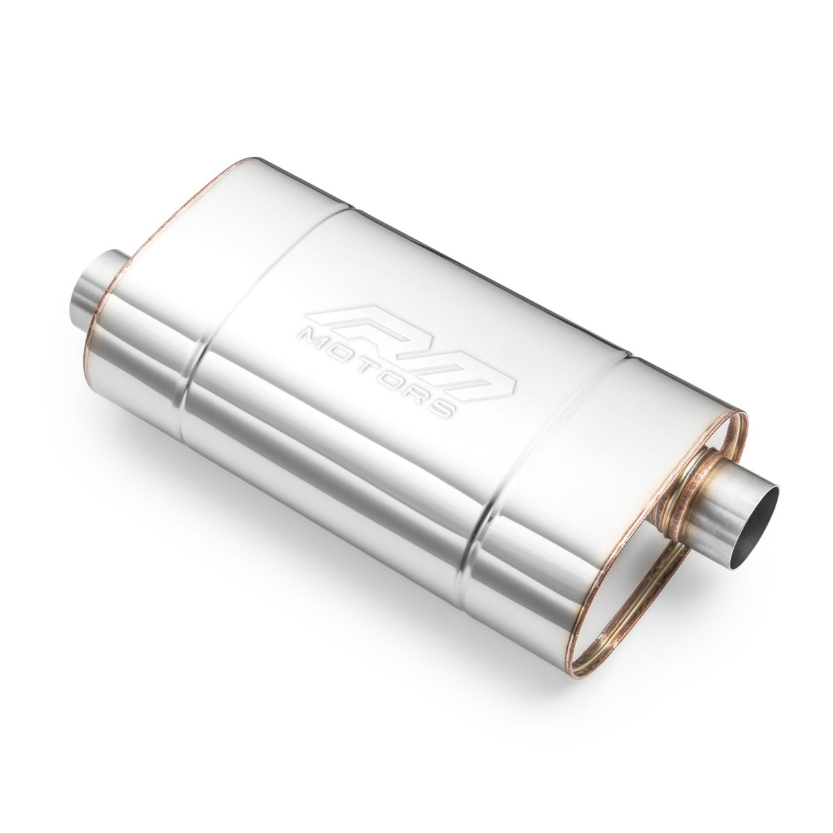 Universal elliptical silencer, stainless, 130x220 mm, pipes on opposite sides of the body, E003