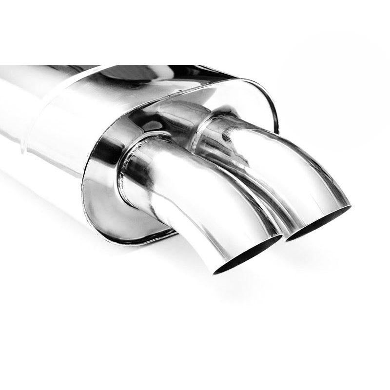 Elliptical end silencer, stainless, 130x220 mm, 2 x 63.5 mm tips, tip length 150 mm, tips bent downward, E103
