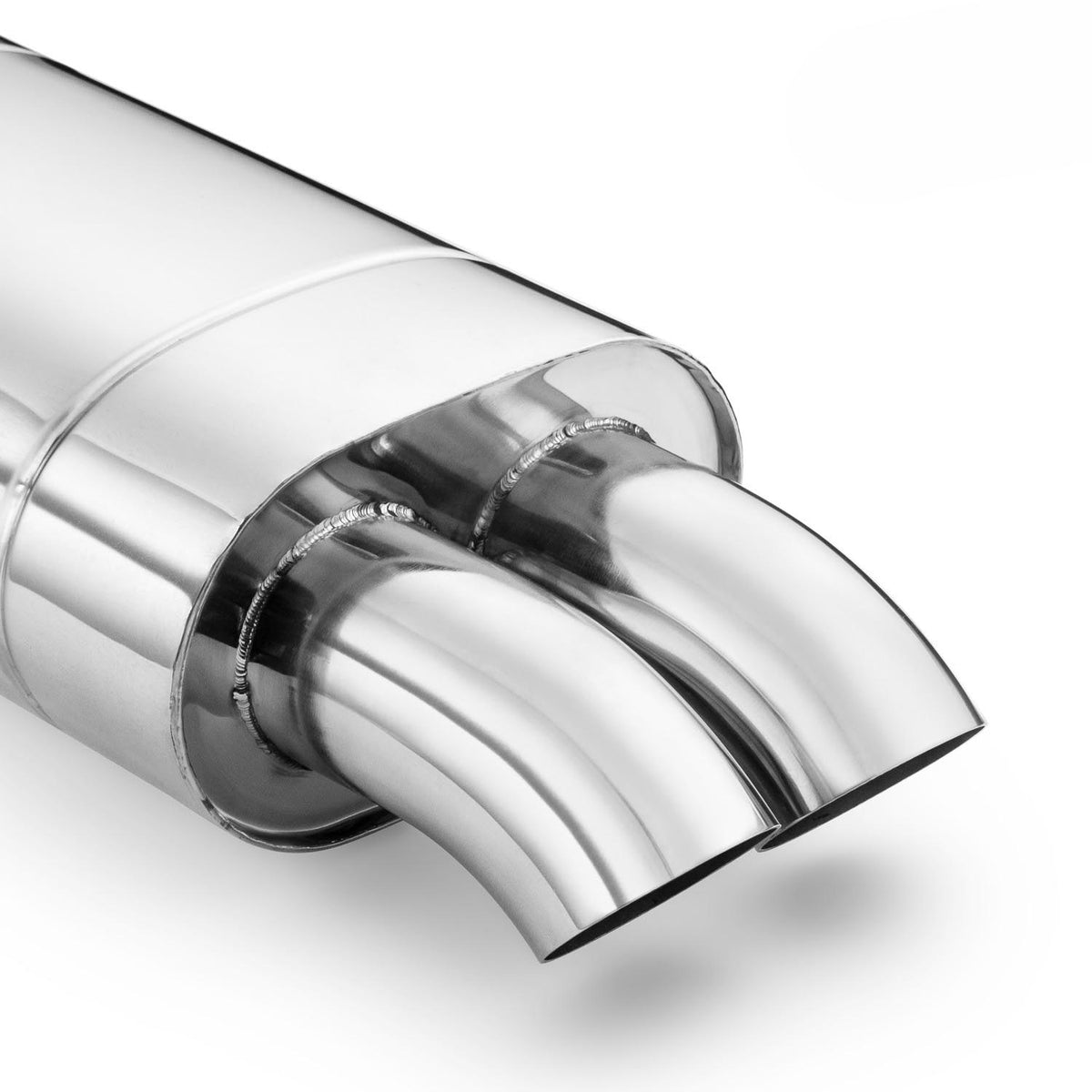 Elliptical end silencer, stainless, 130x220 mm, 2 x 76 mm tips, tip length 150 mm, tips curved slightly downward, E104