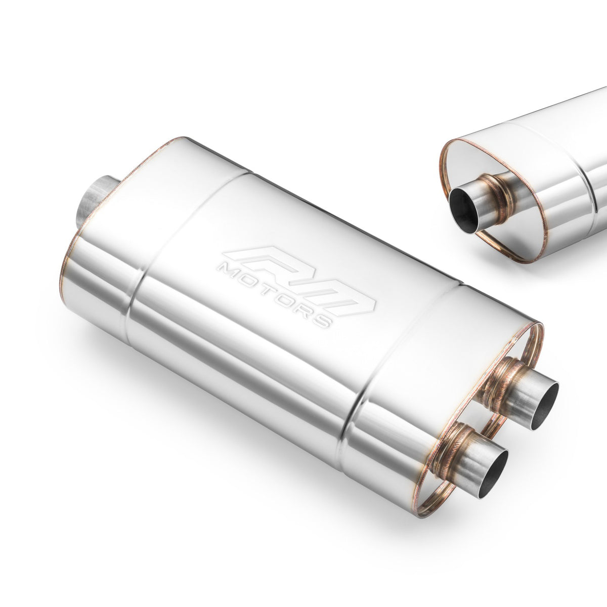 Universal elliptical silencer, stainless, 130x220 mm, dual 2x50 mm outlet, single pipe centred, E004