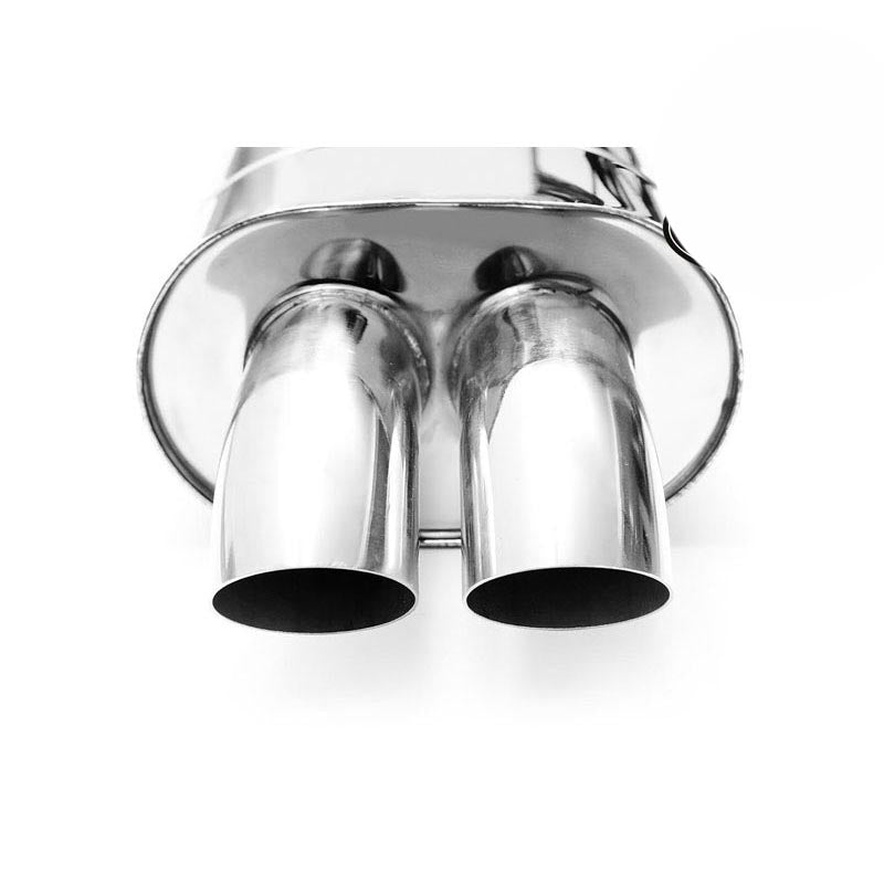 Elliptical end silencer, stainless, 130x220 mm, 2 x 63.5 mm tips, tip length 150 mm, tips bent downward, E103