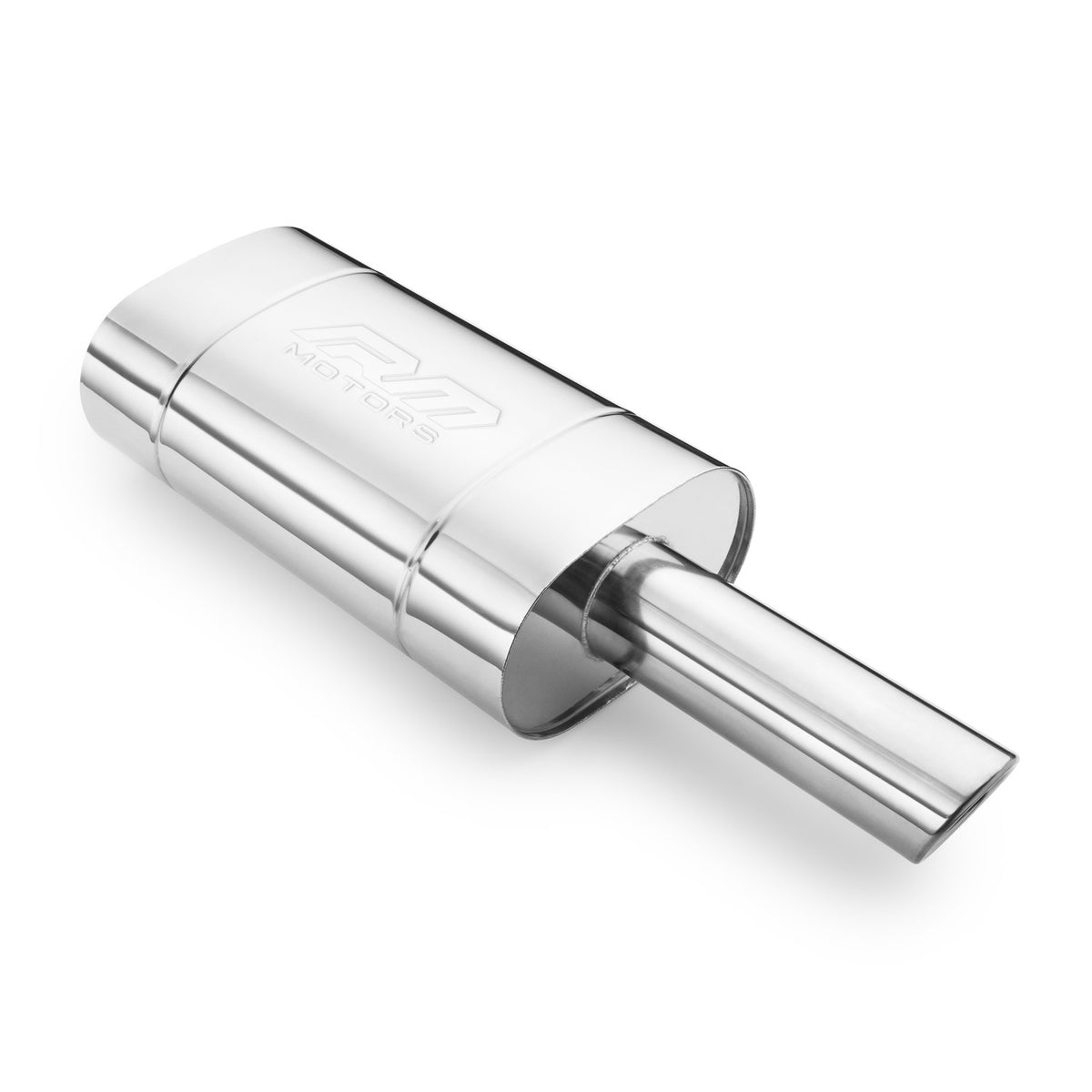 Elliptical end silencer, stainless, 130x220 mm, 76 mm tip, tip length 250 mm, angle-cut tip with rolled edge, E111