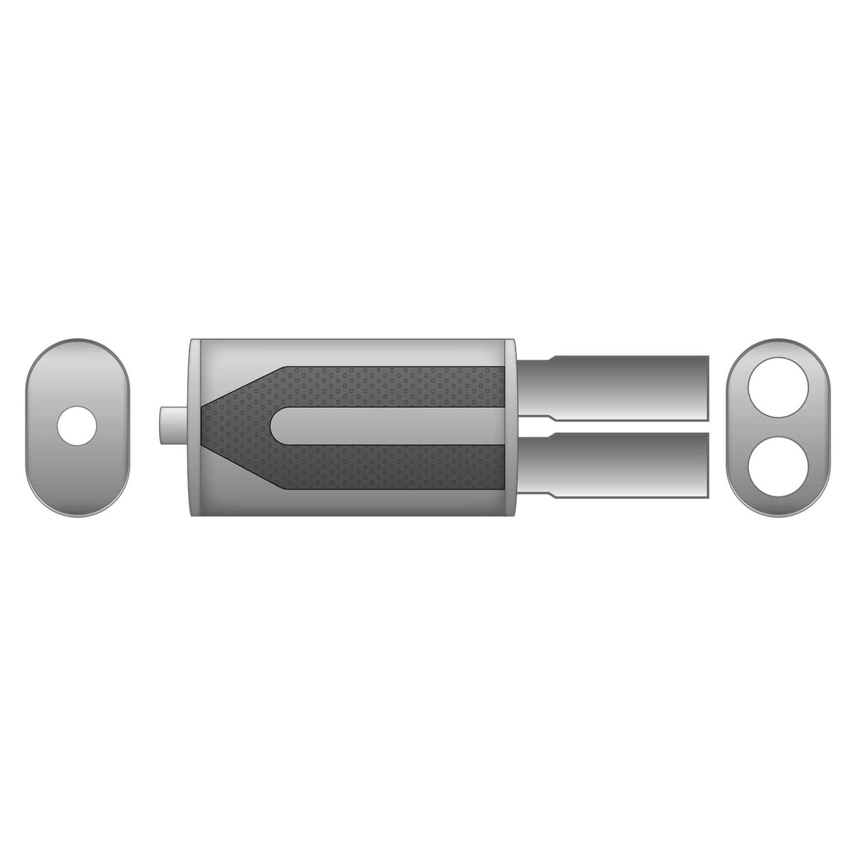 Elliptical end silencer, stainless, 130x220 mm, 2 x 76 mm tips, tip length 220 mm, stepped tips, E101