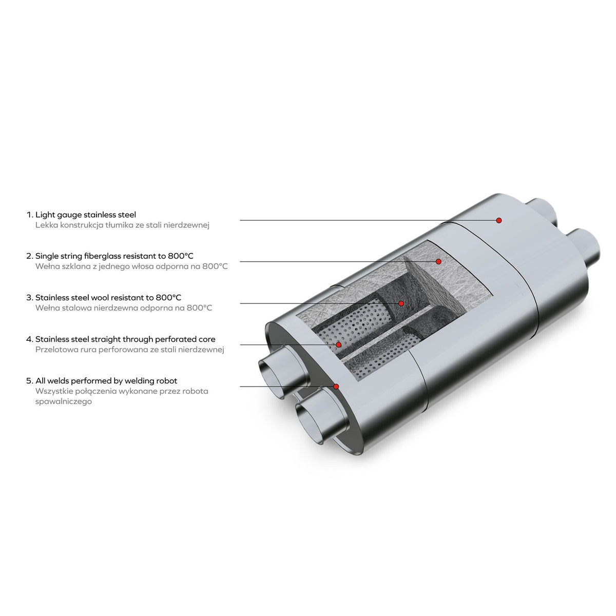 Universal elliptical silencer, stainless, 130x220 mm, 2 pipes at each end, E006