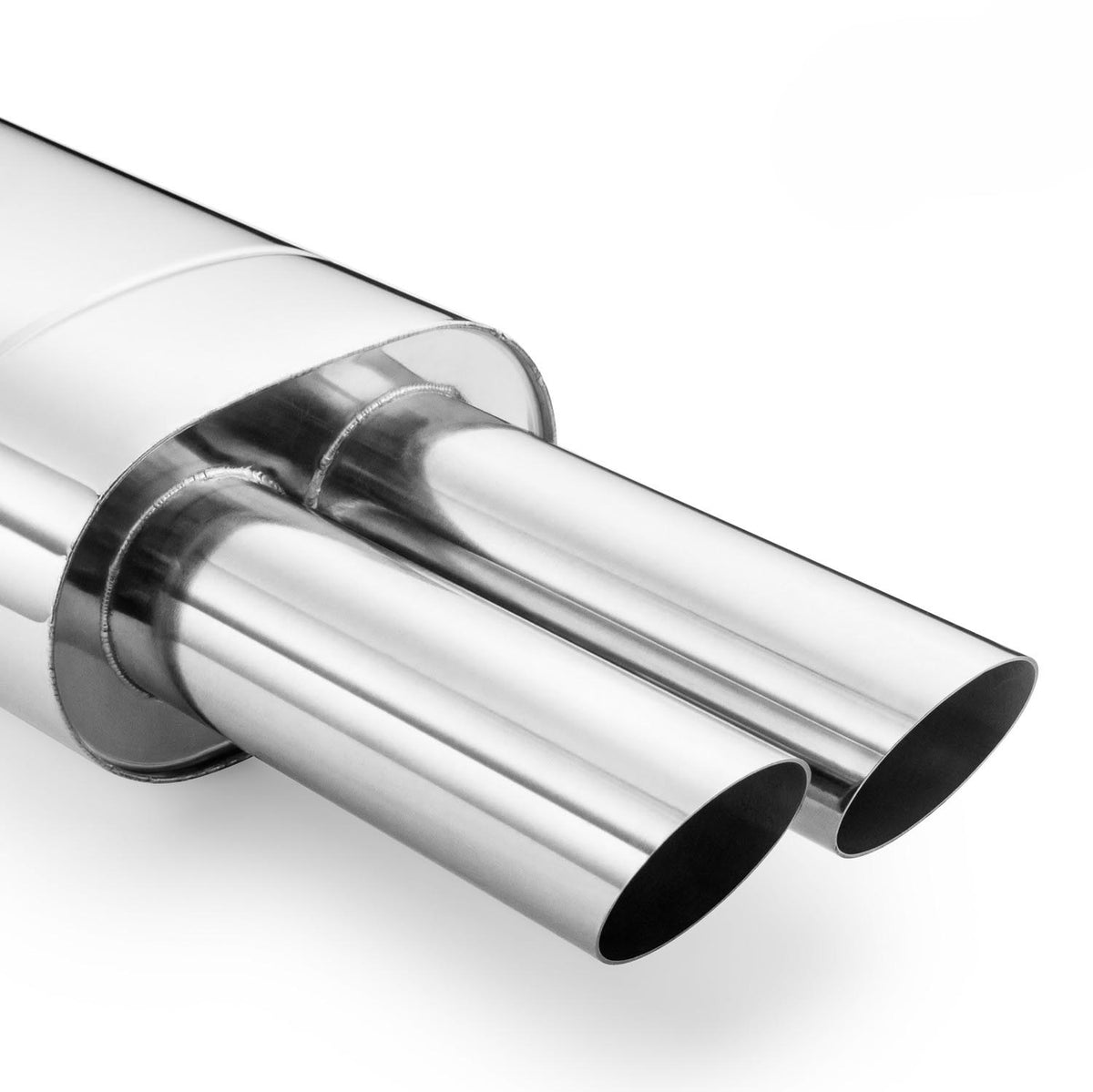Elliptical end silencer, stainless, 130x220 mm, 2 x 76 mm tips, tip length 250 mm, left or right, E105